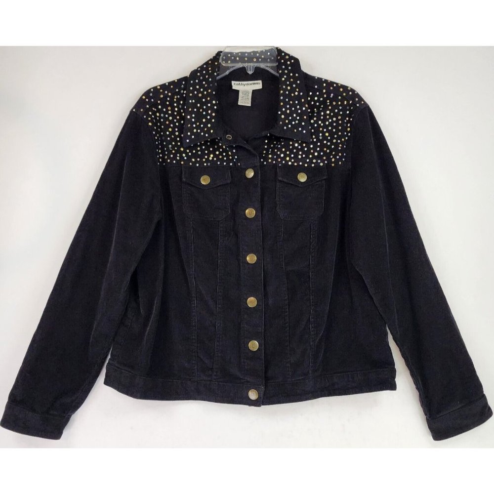 Cathy Daniels Jacket Womens Large Black Corduroy Rhinestone Western Snap‎ On